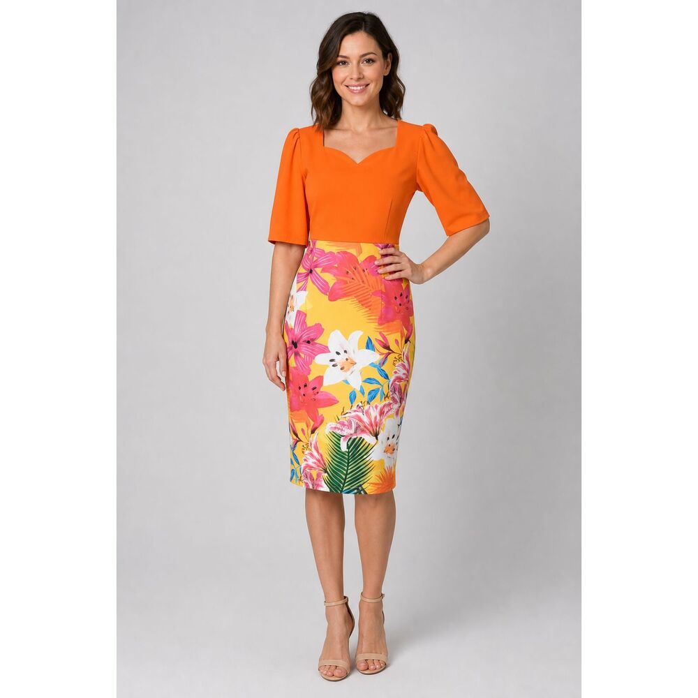 Womens Pencil Dress M Tropical Floral 50s Pin Up Style Colorblock Sweetheart